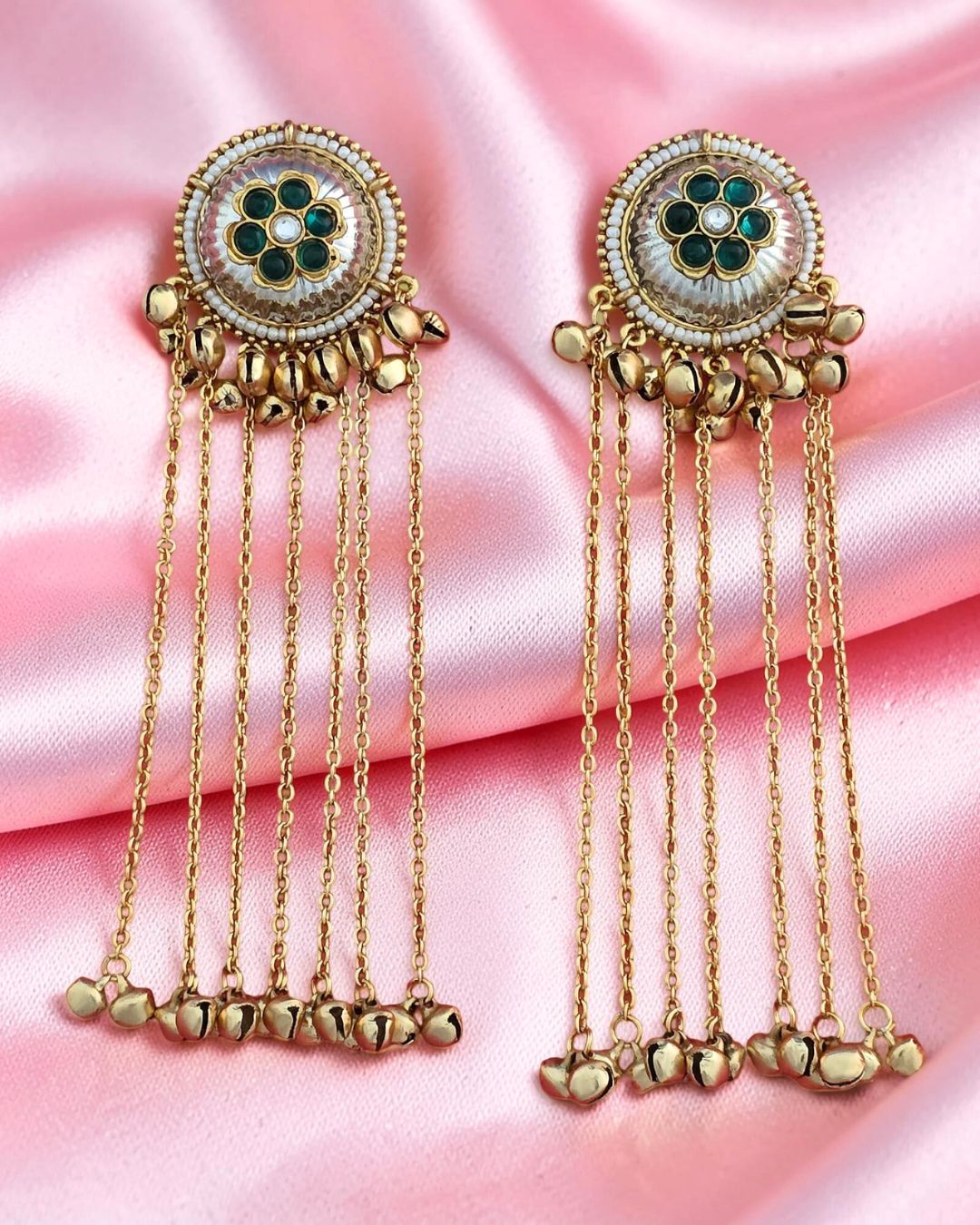 Zarika Green Flower Ghungroo Kashmiri Earrings