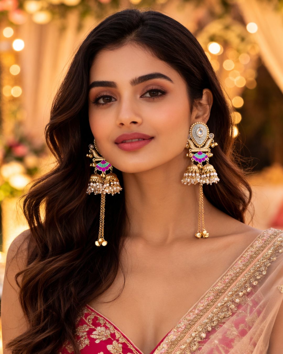 Rukhsar Green Stone Jhoomar Kashmiri Earrings