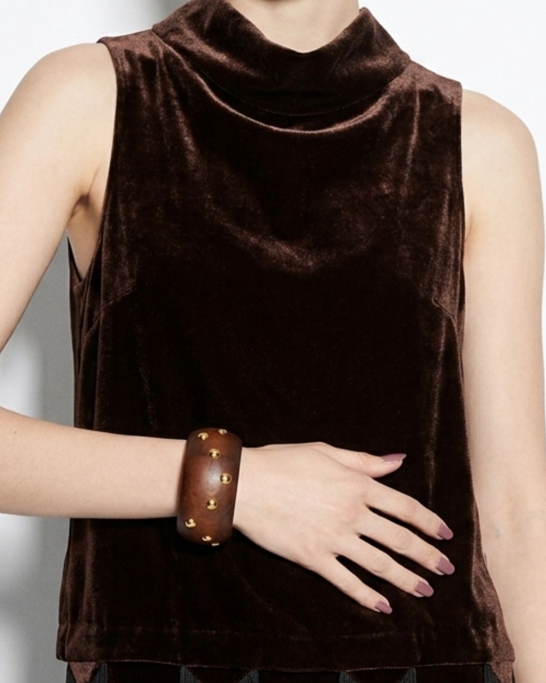 Brown Wooden Golden Metal Dot Charm Bracelet
