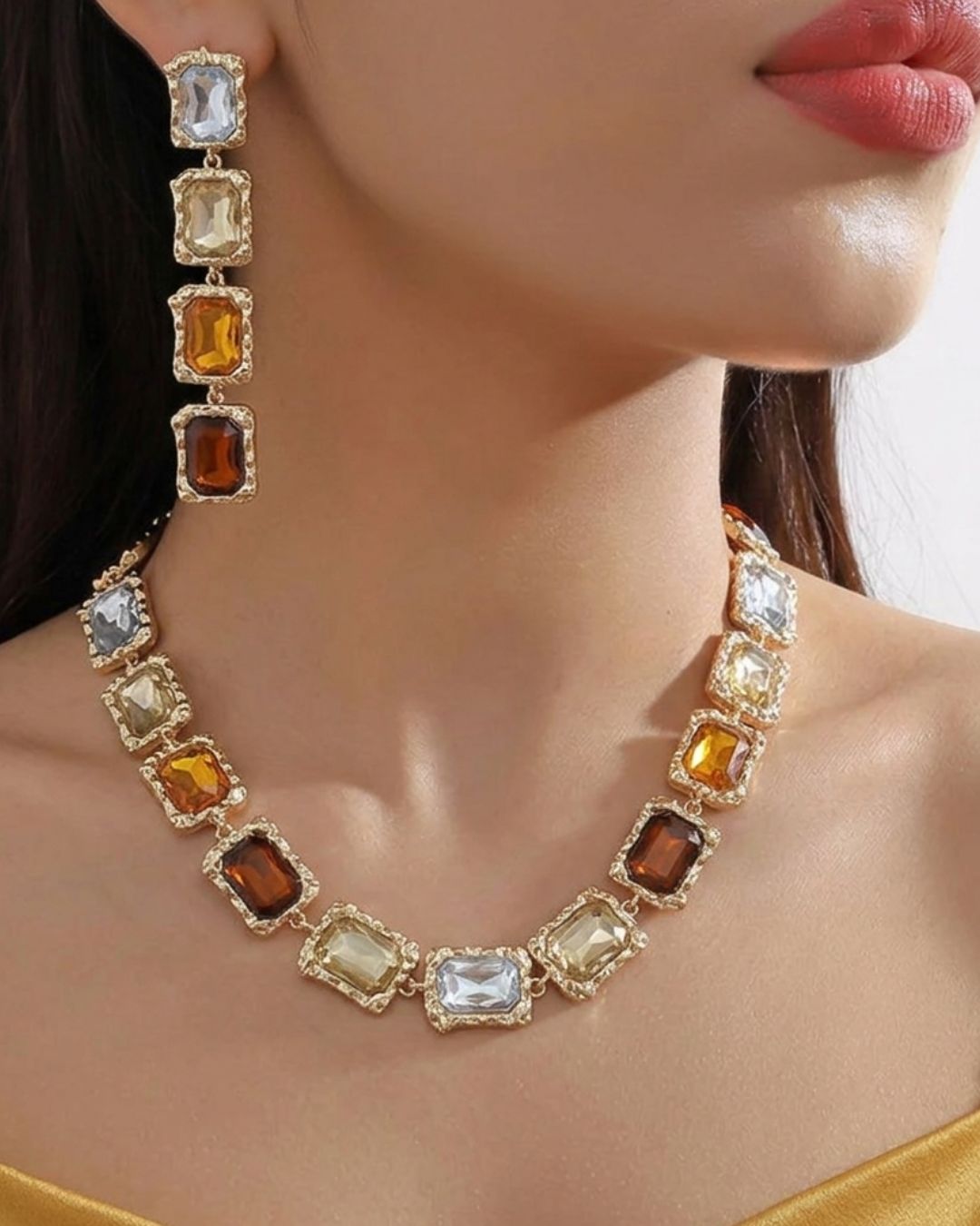 Multi Retro Crystal Statement Necklace With Earrings
