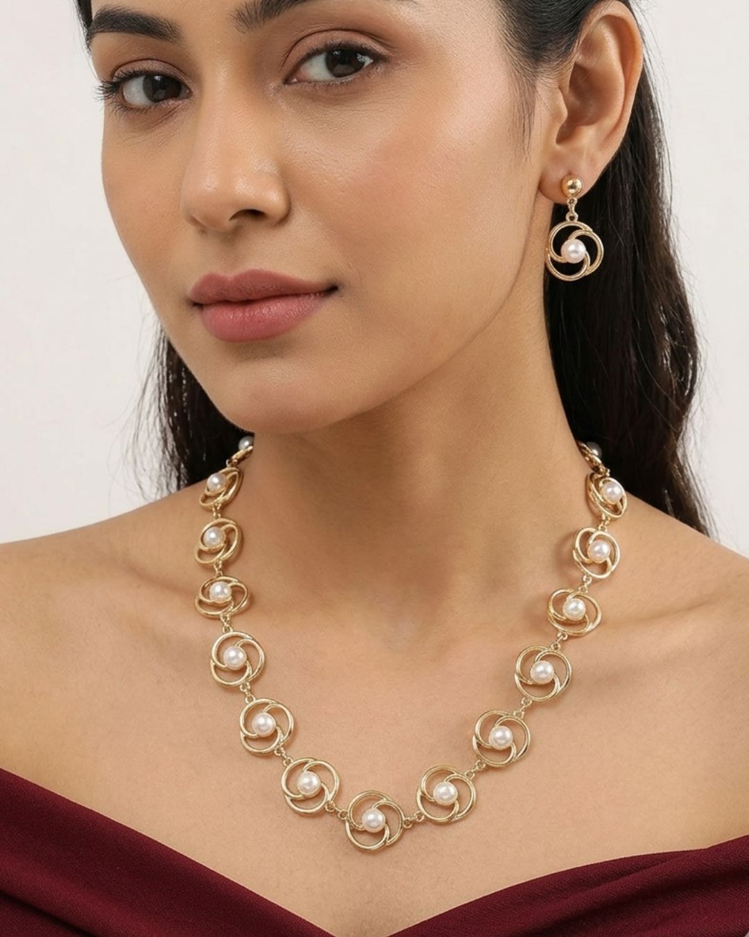 Golden Pearl Swirl Statement Necklace With Earrings