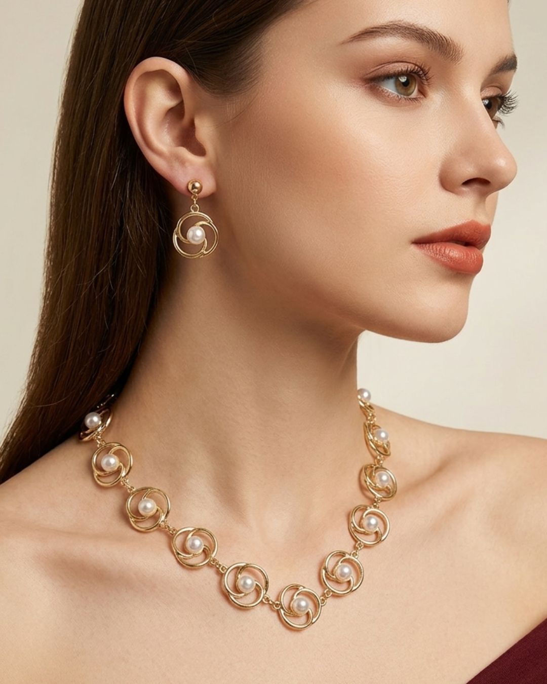 Golden Pearl Swirl Statement Necklace With Earrings