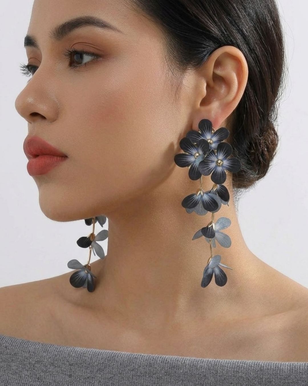Feather-lite Black Flower Tassel Earrings