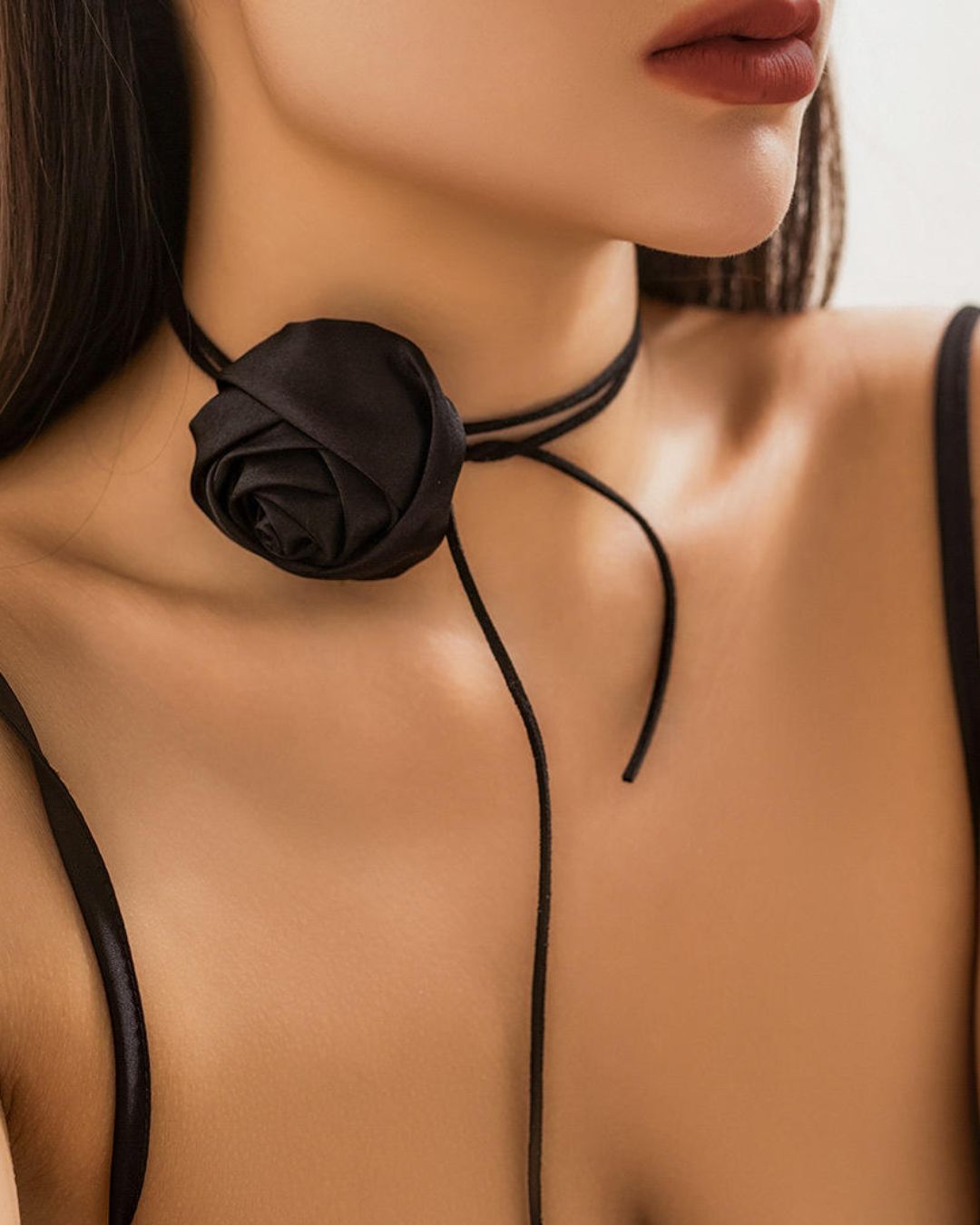 Black Flower Long Knotted Rope Choker