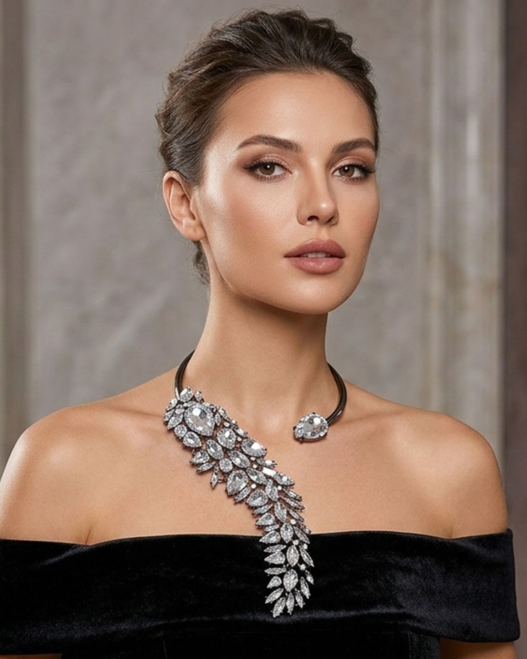 Silver Crystal Drop Statement Necklace