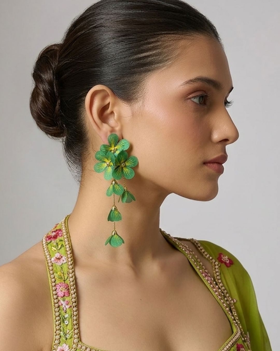 Feather-lite Green Flower Tassel Earrings