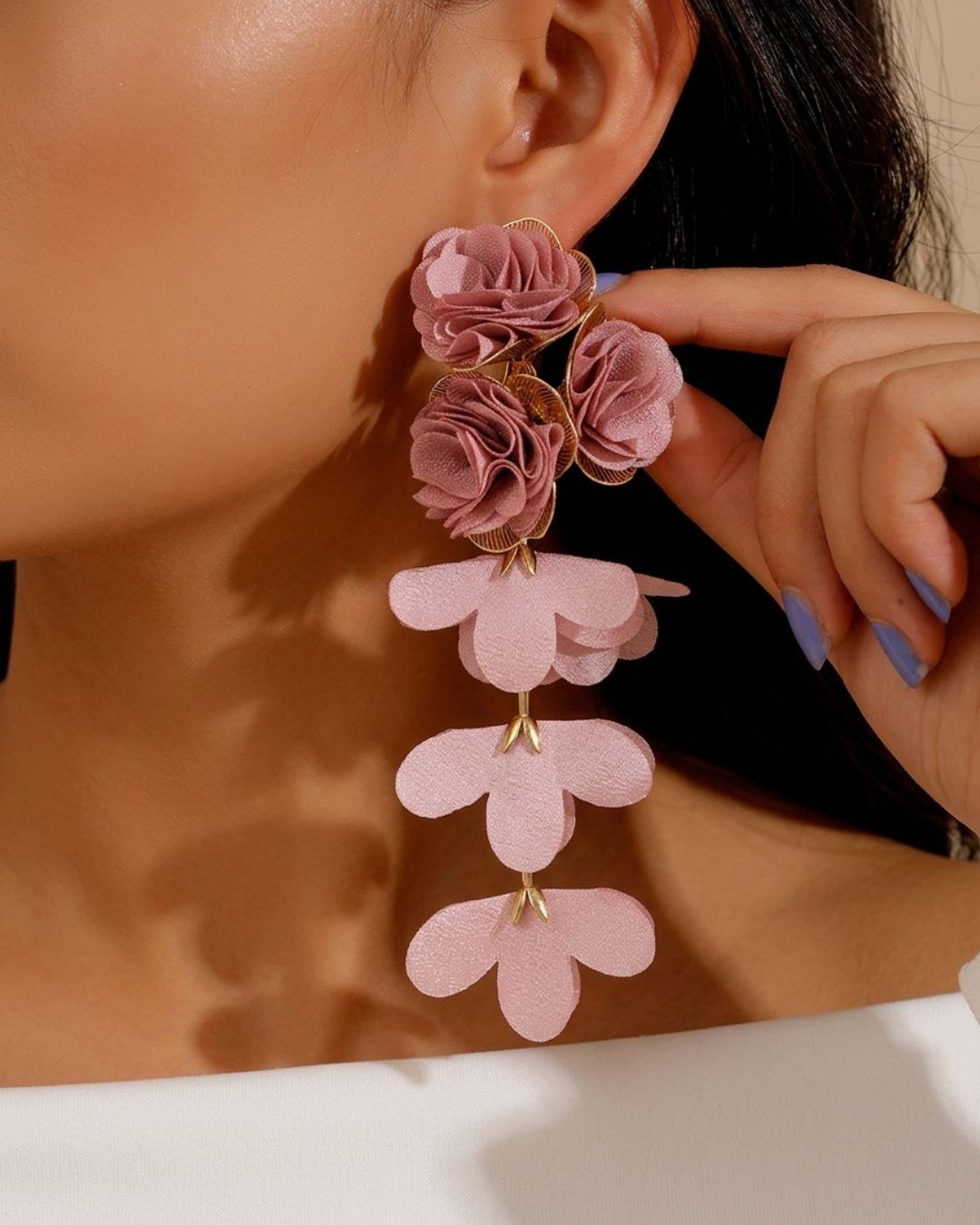 Blush Pink Flower Petal Tassel Drop Earrings