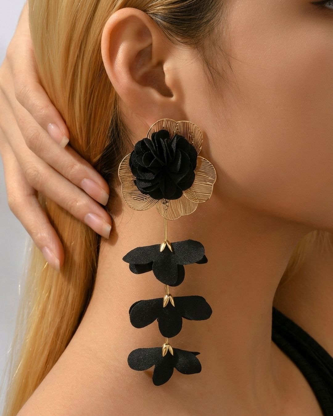 Black Feather- lite Golden Flower Drop Earrings