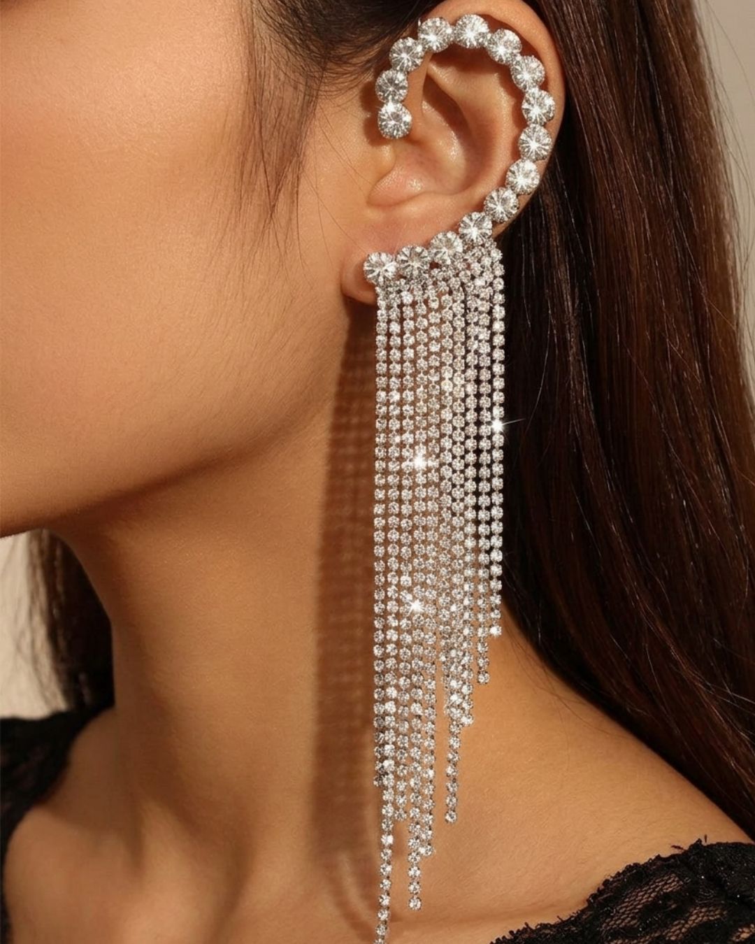 Silver Rhinestone Heart Long Tassel Ear Cuff