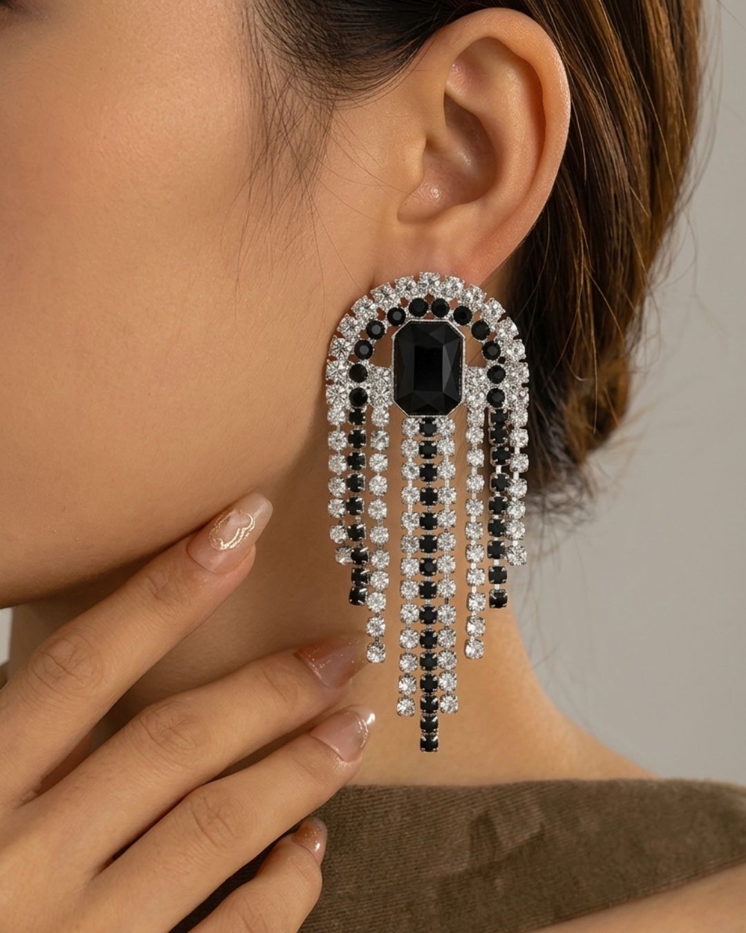 Vintage Black Crystal Chain Tassel Drop Earrings