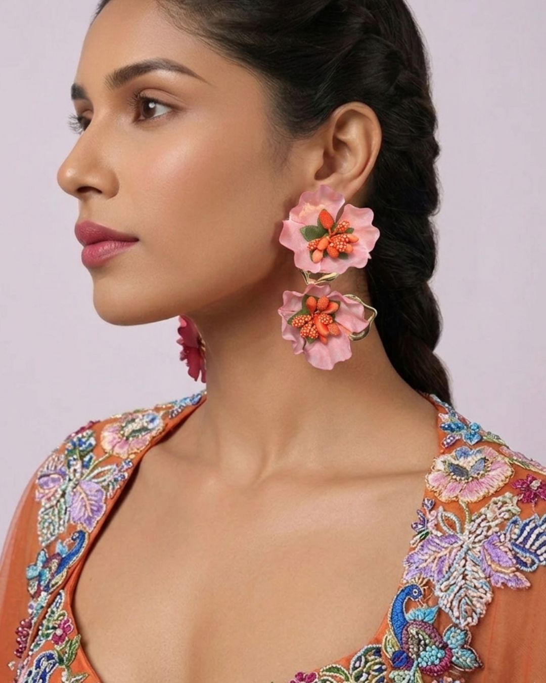 Feather-lite Peach Double layer Flower Earrings