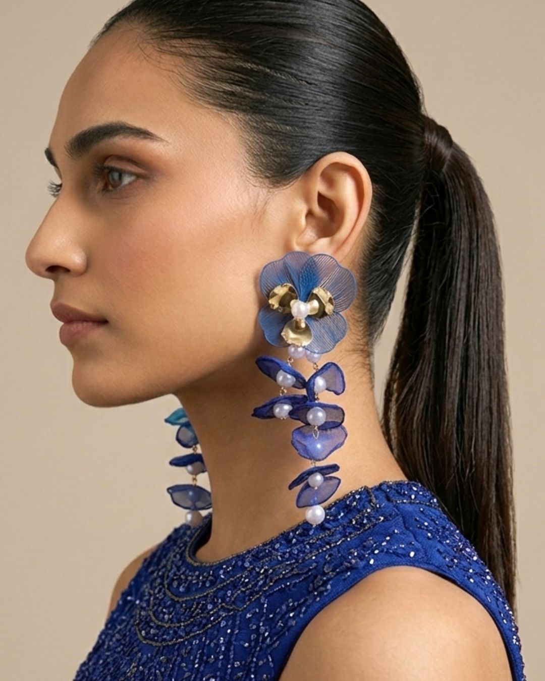 Feather-lite Navy Blue Pearl Flower Tassel Earrings