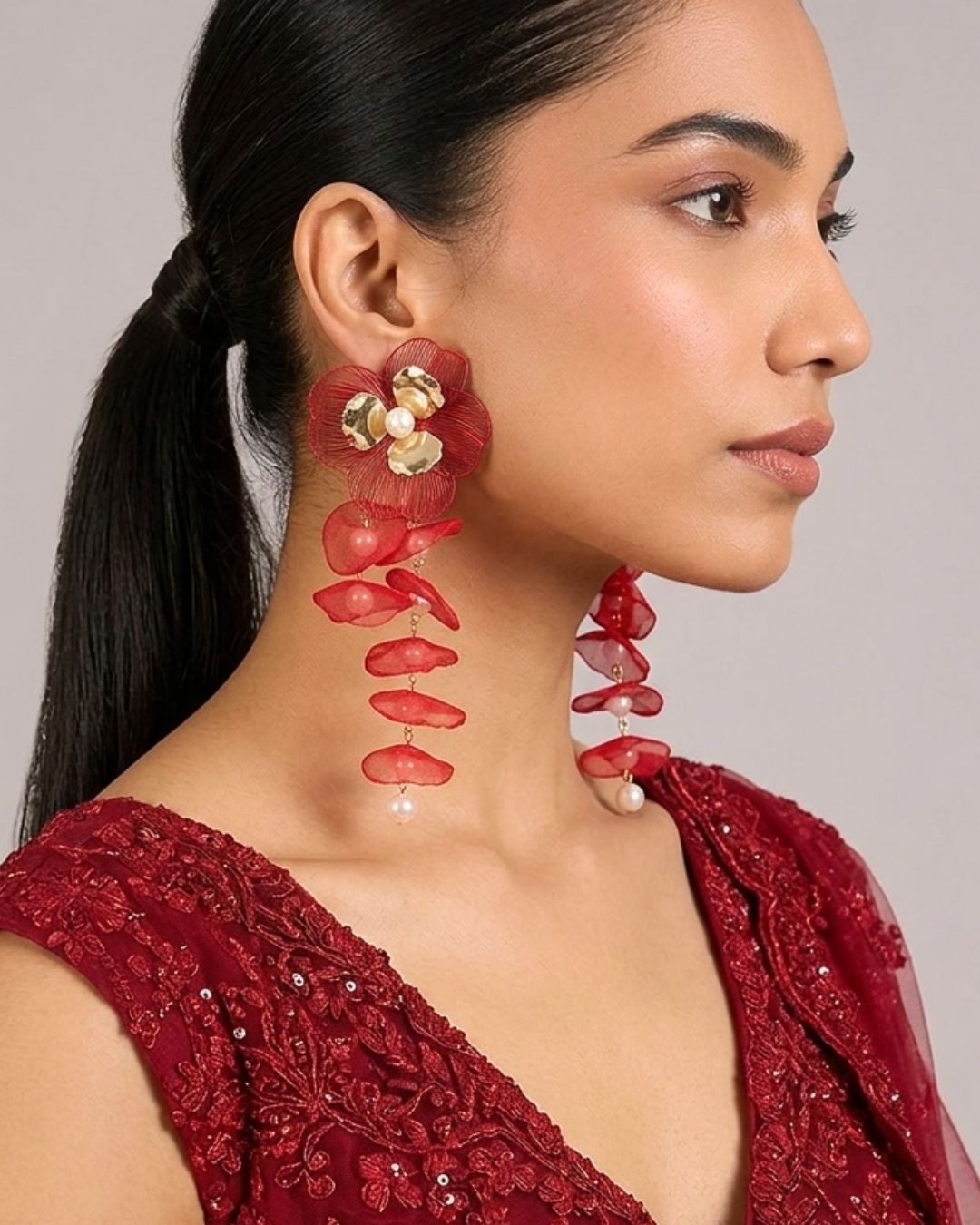 Feather-lite Red Pearl Flower Tassel Earrings