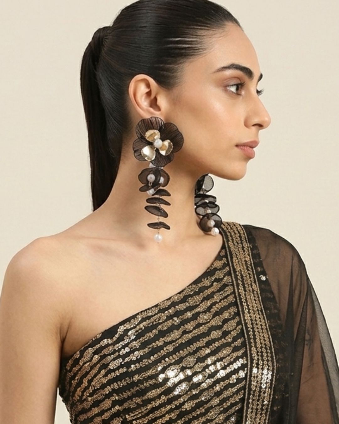 Feather-lite Black Pearl Flower Tassel Earrings