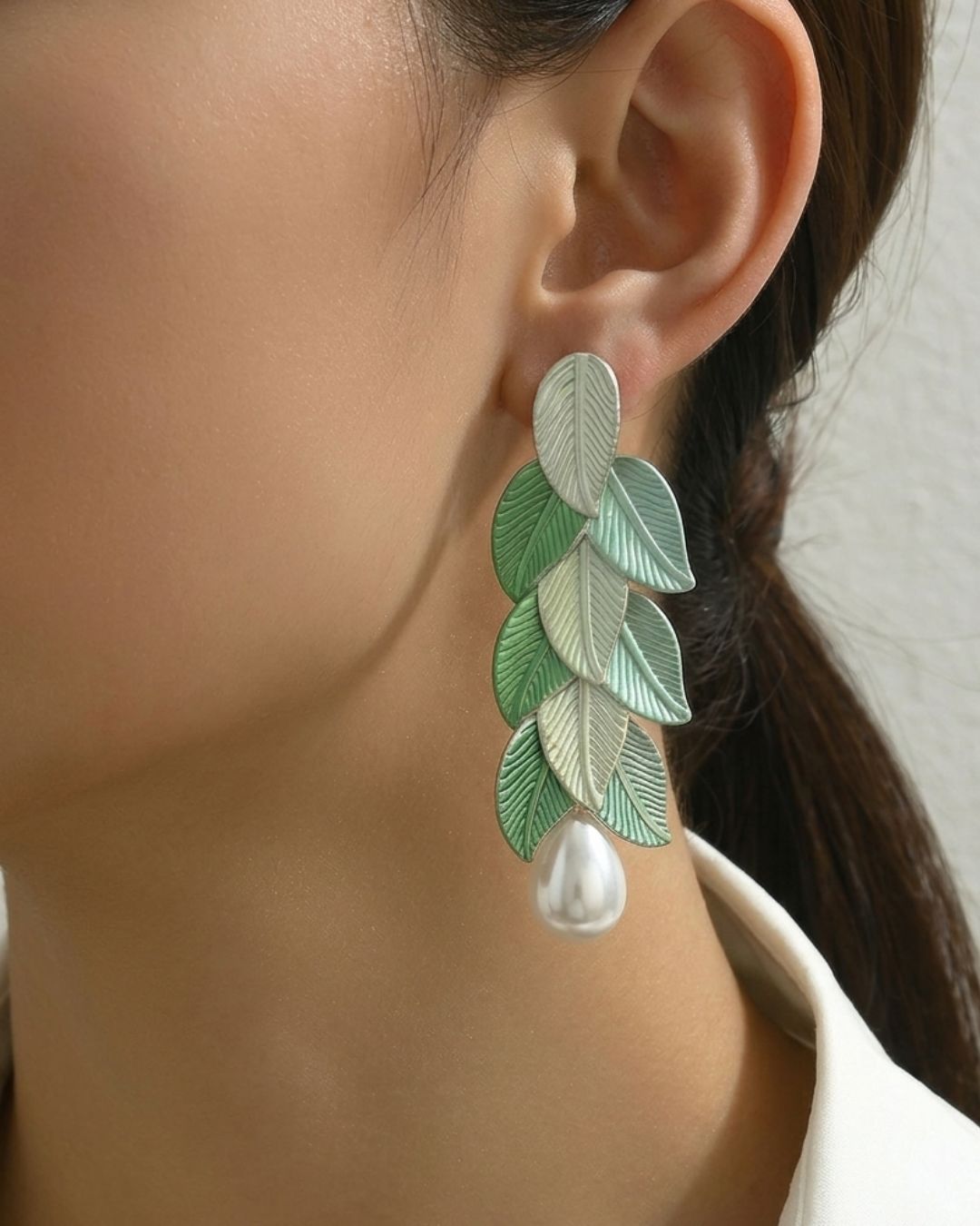 Mint Leaf Pearl Drop Earrings