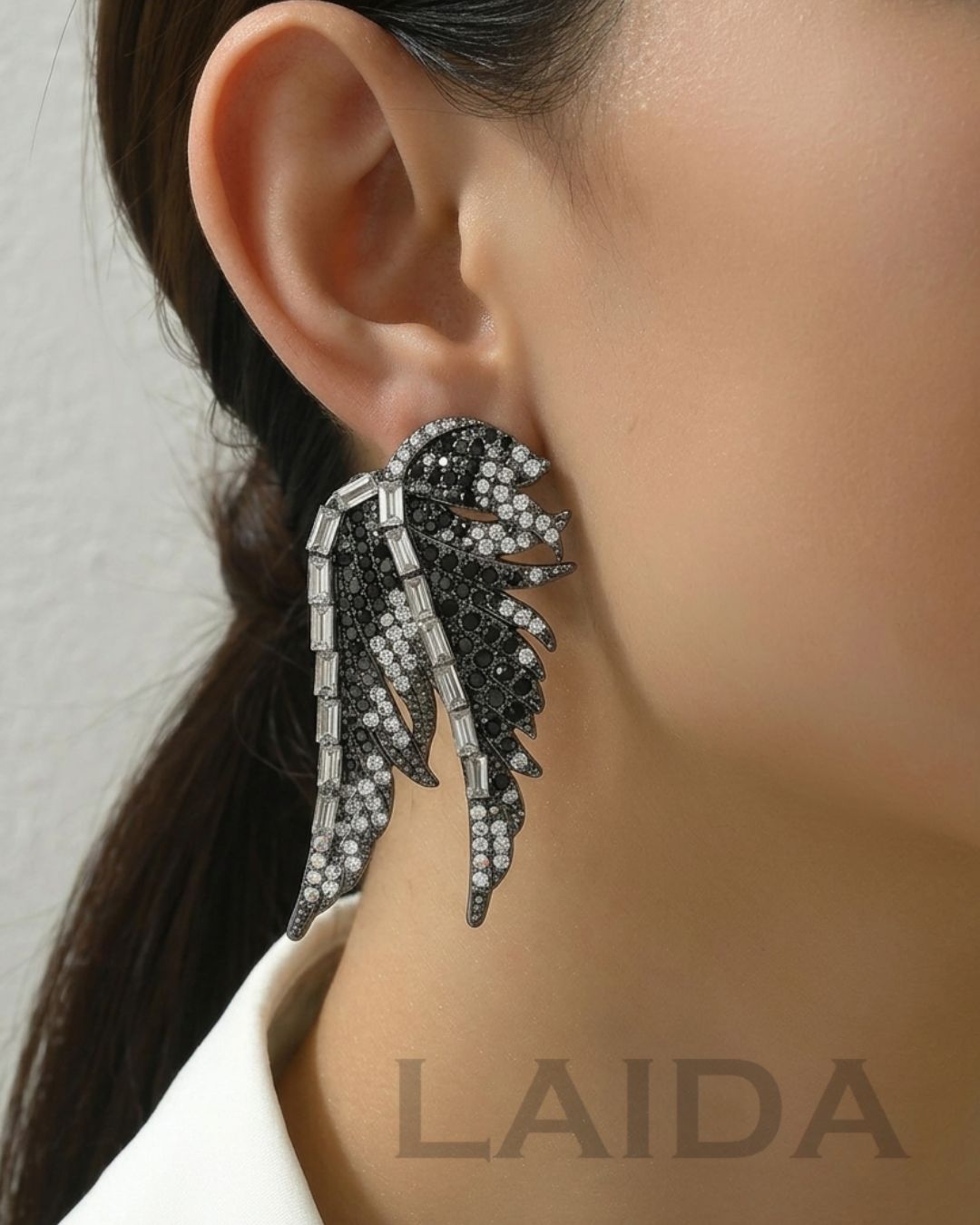 Black Rhinestone Angel Wing Drop Earrings