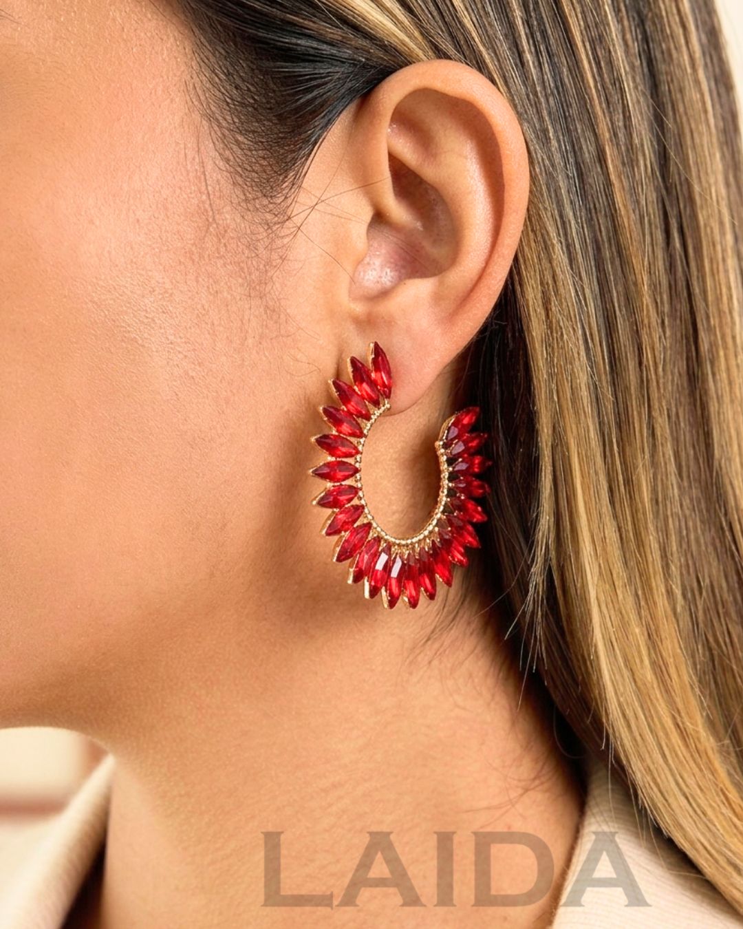 Red Rhinestone Half Moon Hoop Earrings