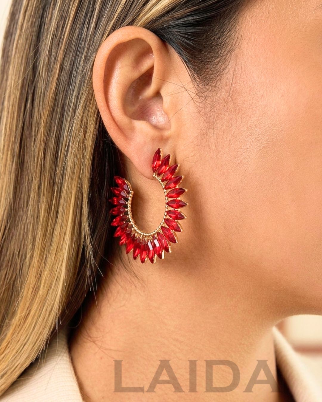 Red Rhinestone Half Moon Hoop Earrings