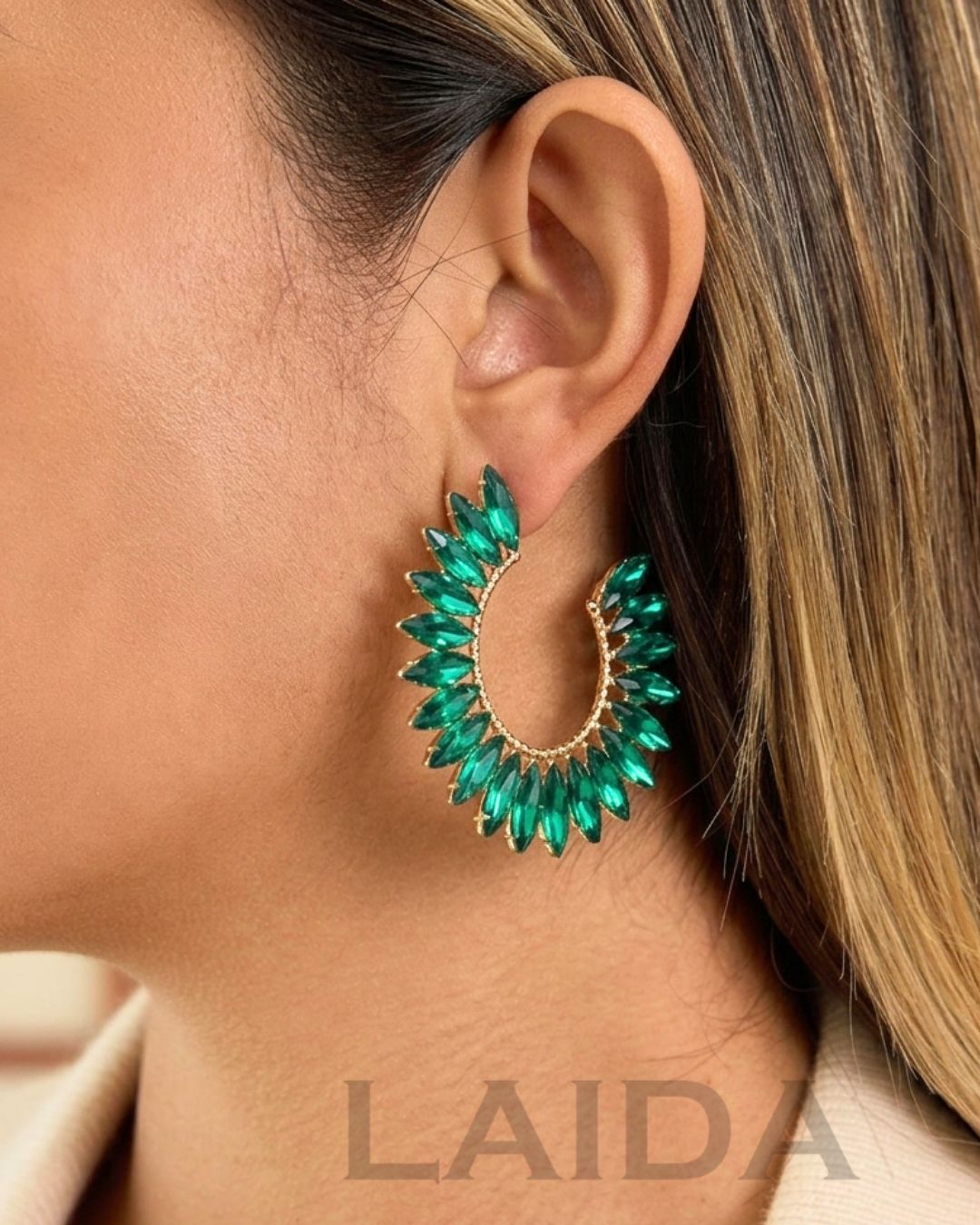 Green Rhinestone Half Moon Hoop Earrings
