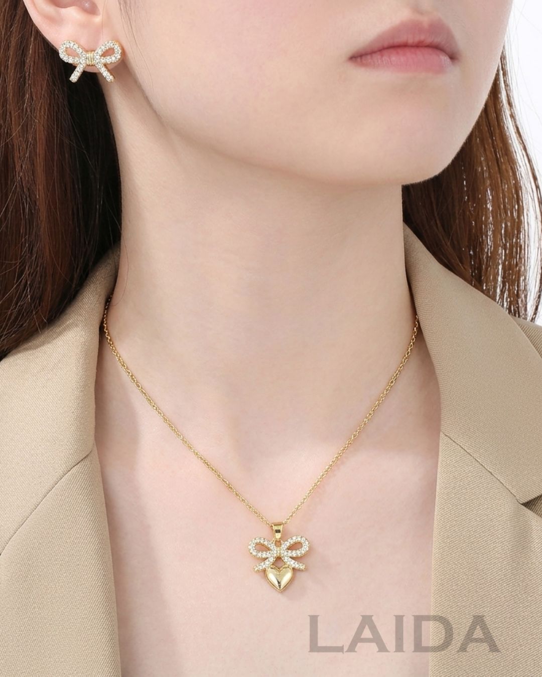 Golden Heart Bow Pendant Set