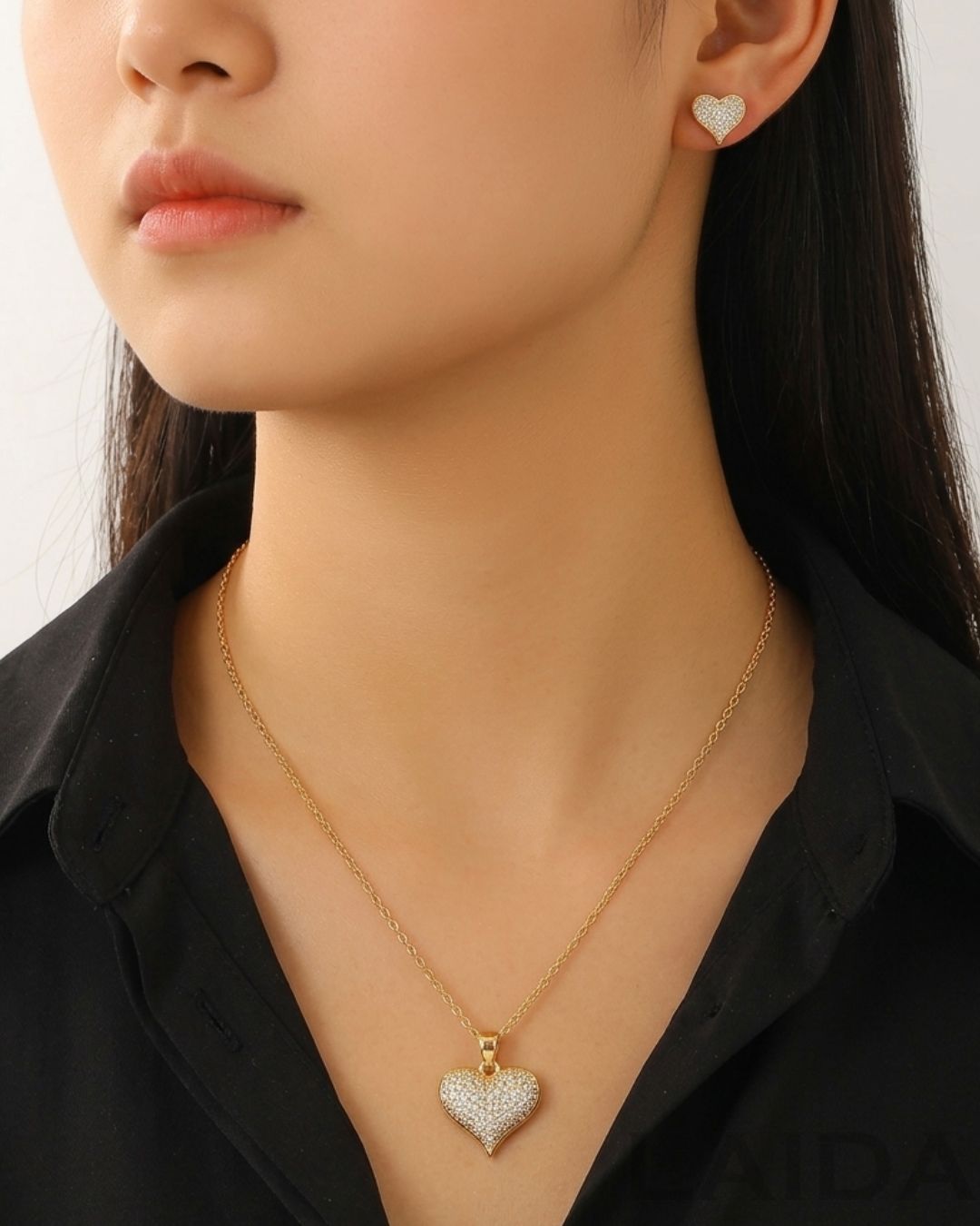 Golden Crystal Heart Pendant Set