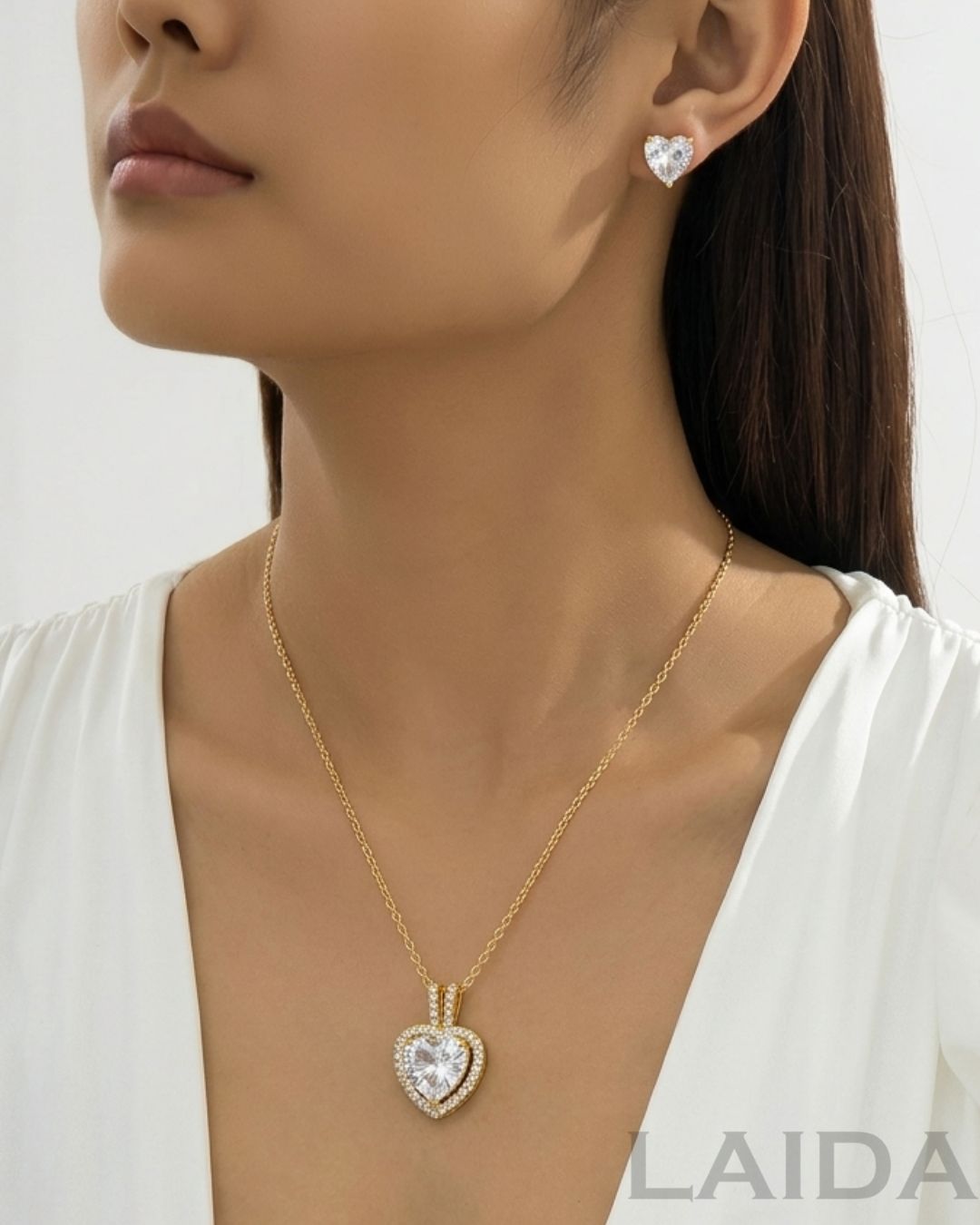 Golden Crystal Drop Heart Pendant Set