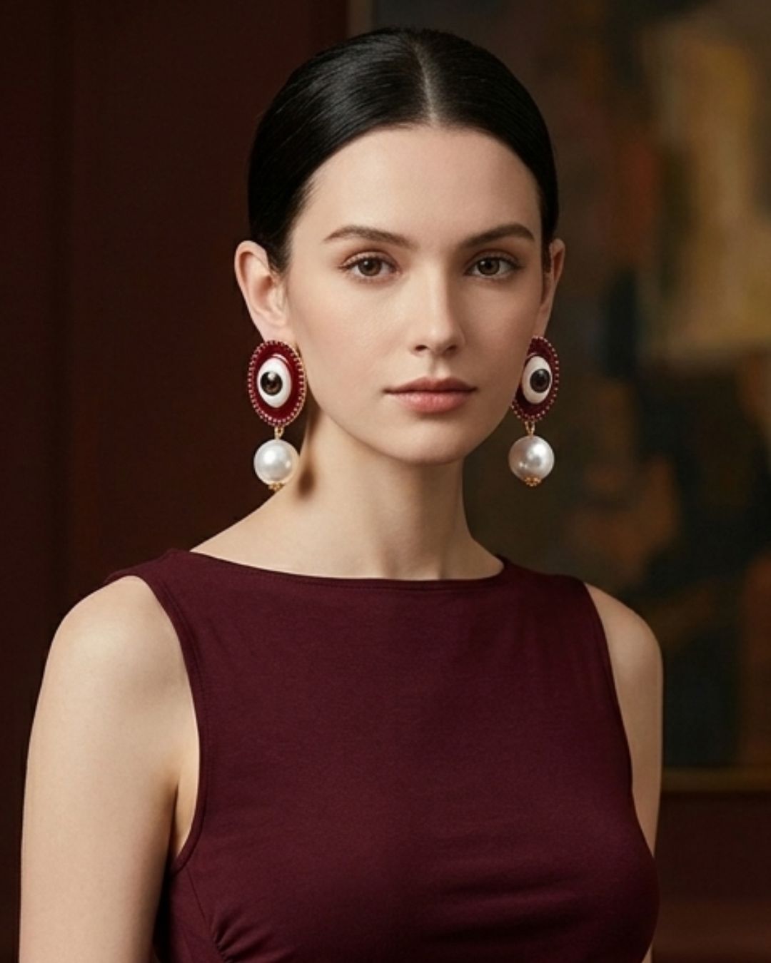 Maroon Pearl Evil Eye Drop Earrings