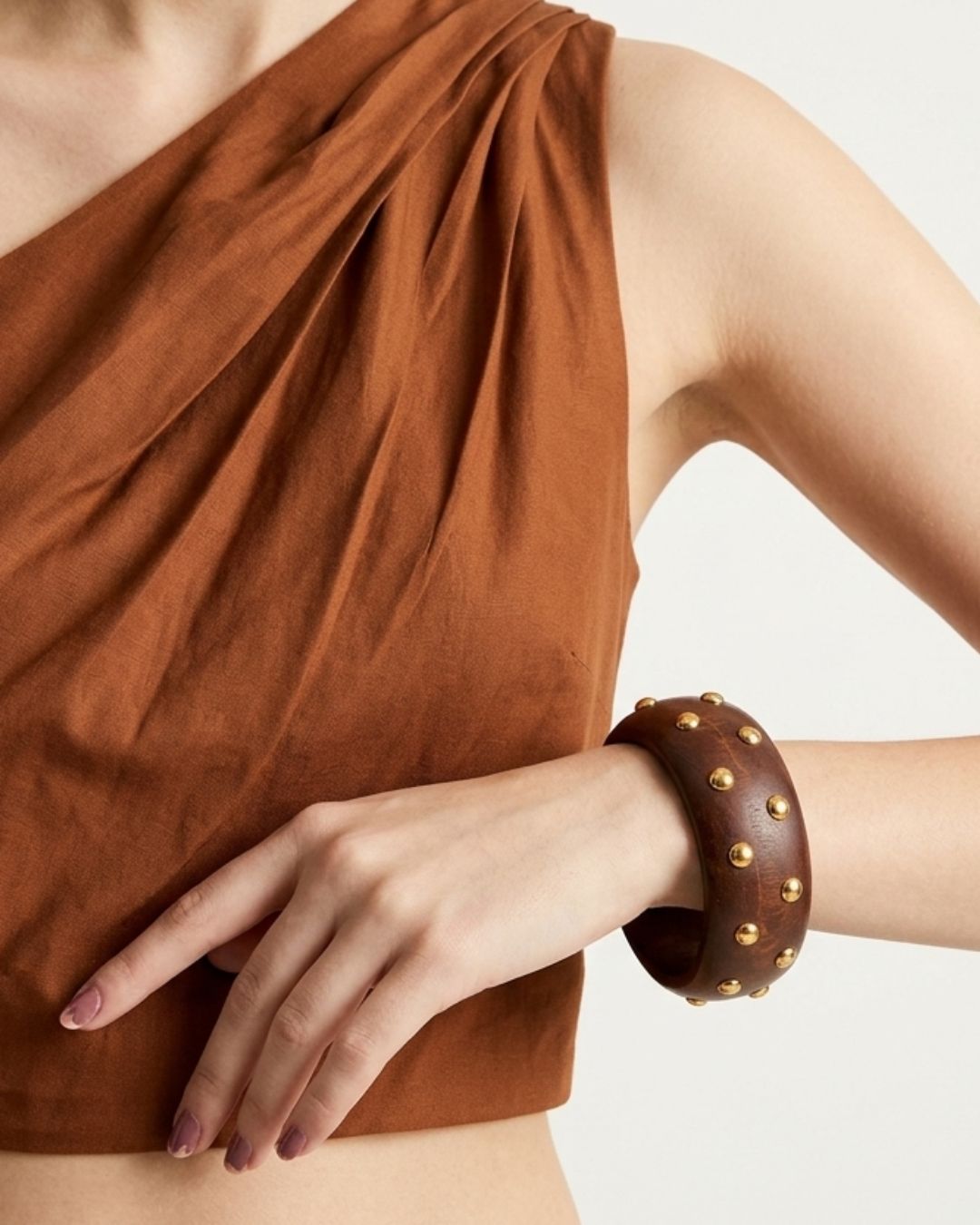 Brown Wooden Golden Metal Dot Charm Bracelet