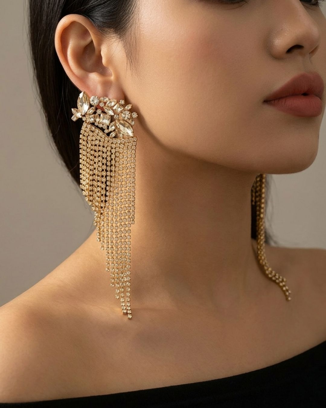 Golden Rhinestone Fringe Drop Earrings