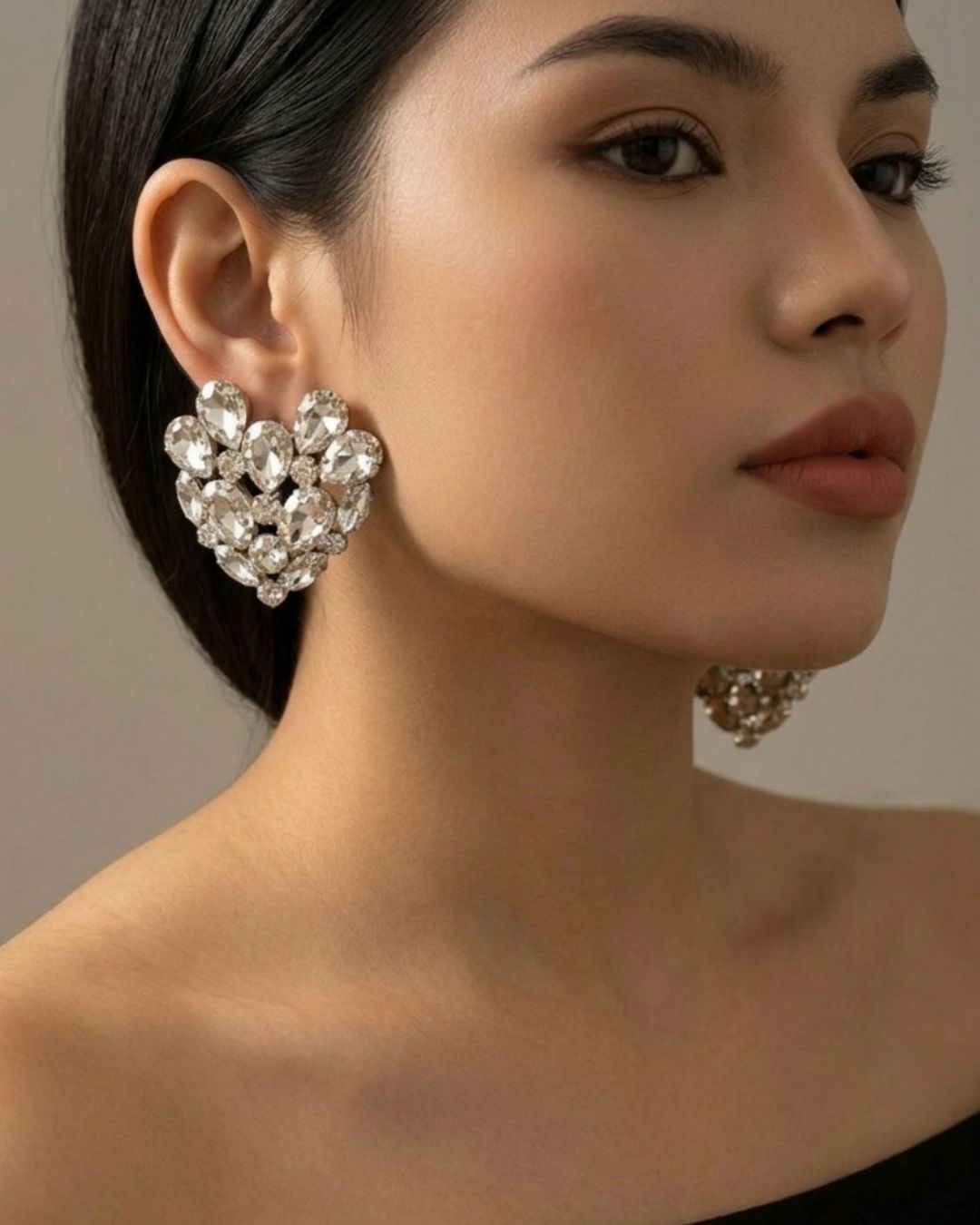 Silver Rhinestone Heart Stud Earrings
