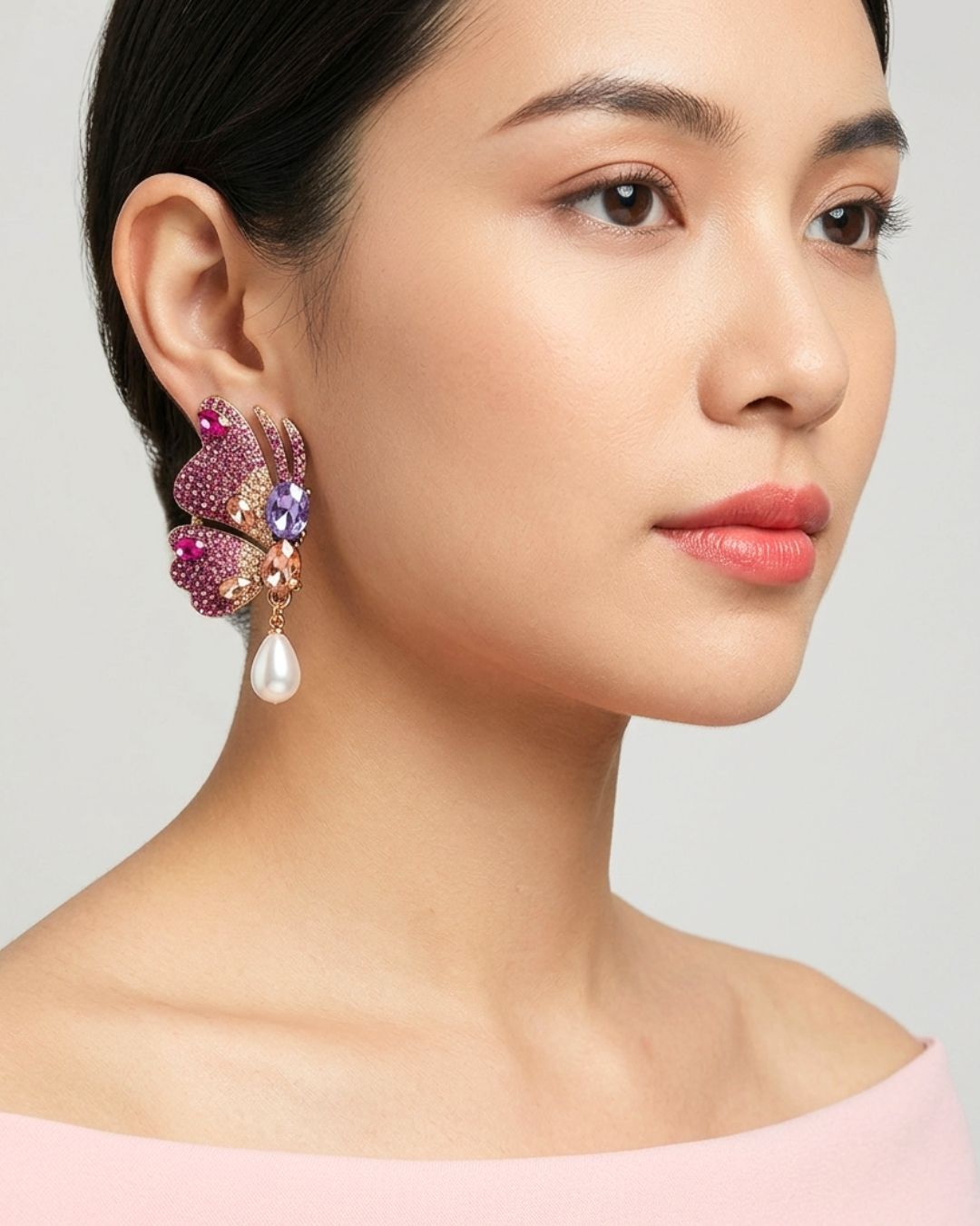 Pink Rhinestones Butterfly Stud Earrings