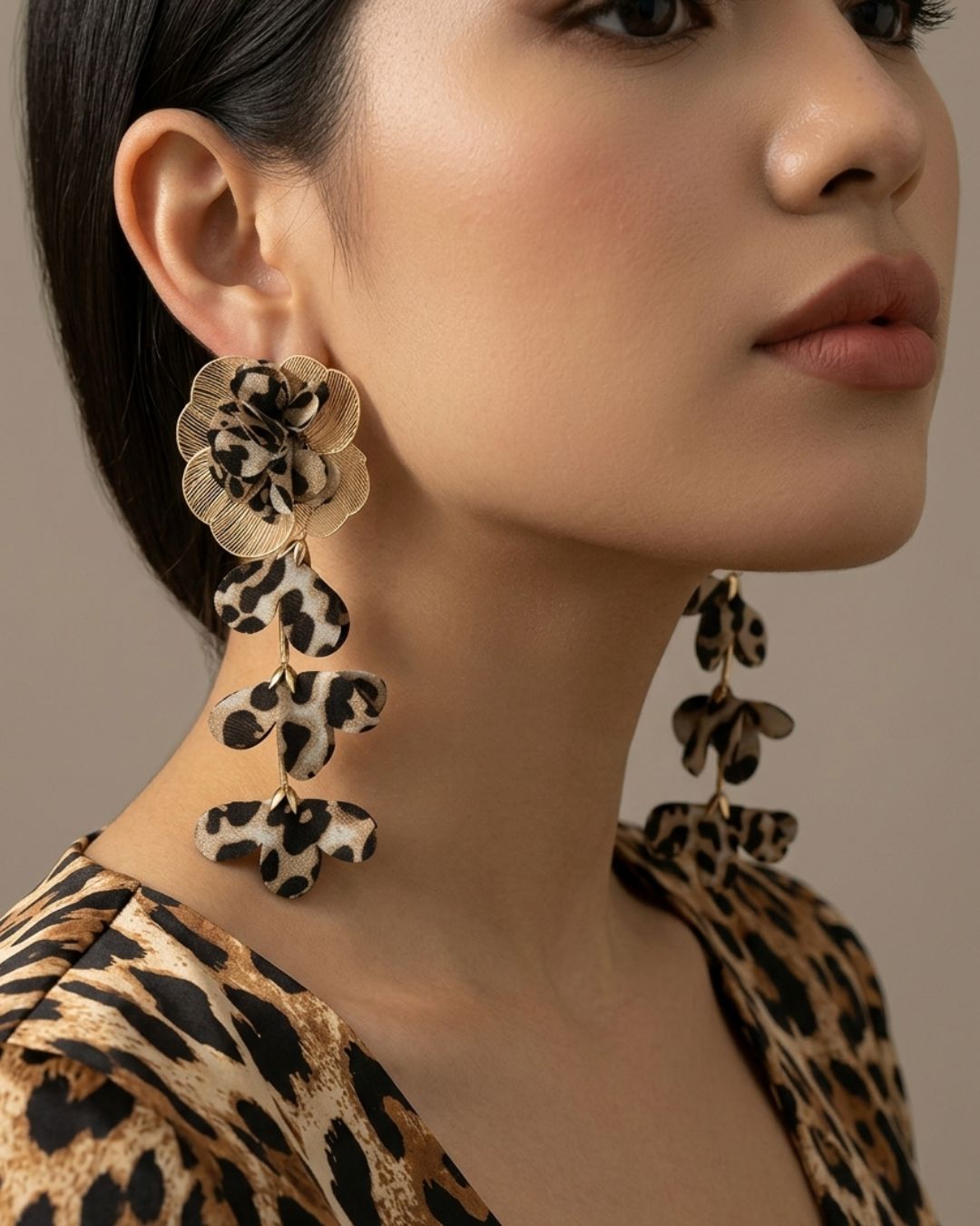 Animal Print Golden Flower Drop Earrings