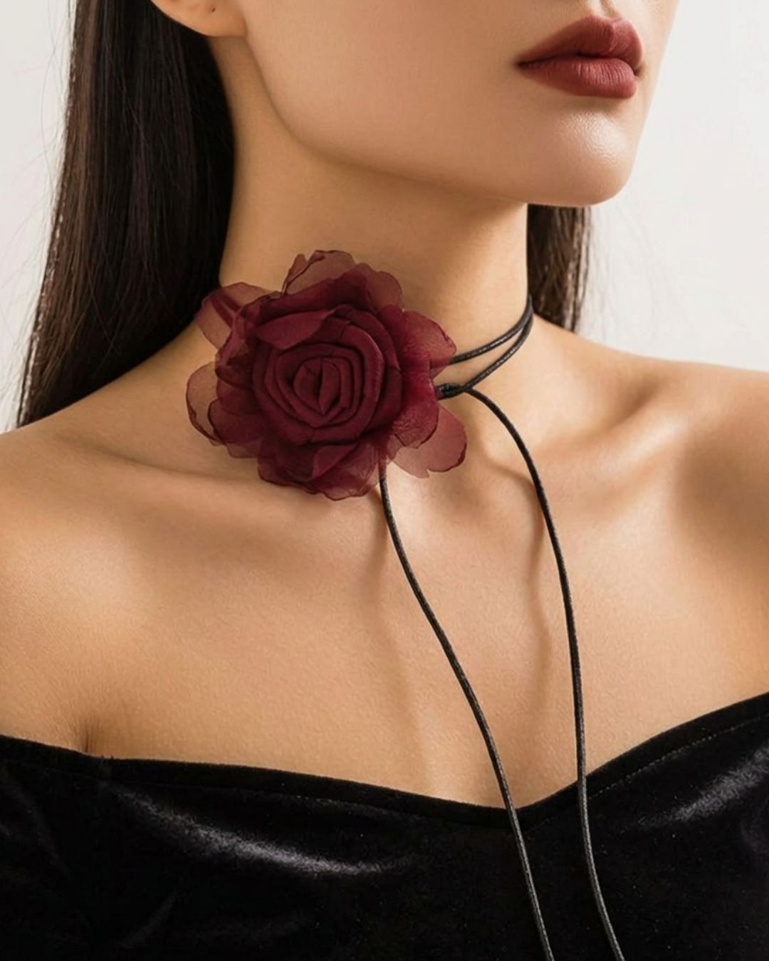 Fabric Maroon Flower Long Knotted Rope Choker