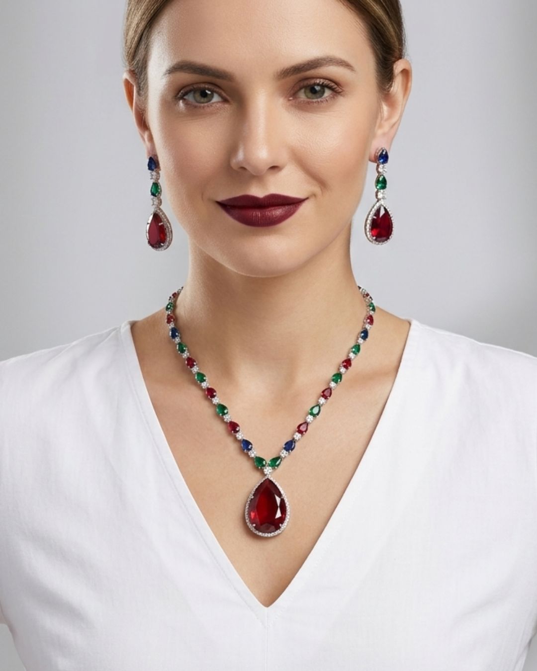 Arden Maroon Cz Statement Necklace With Earrings
