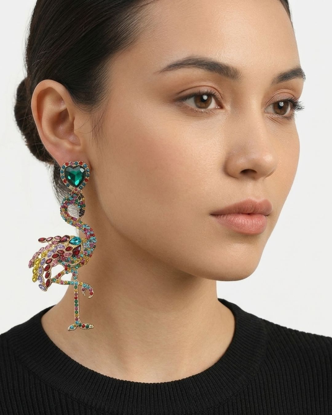 Green Retro Flamingo Rhinestone Drop Earrings
