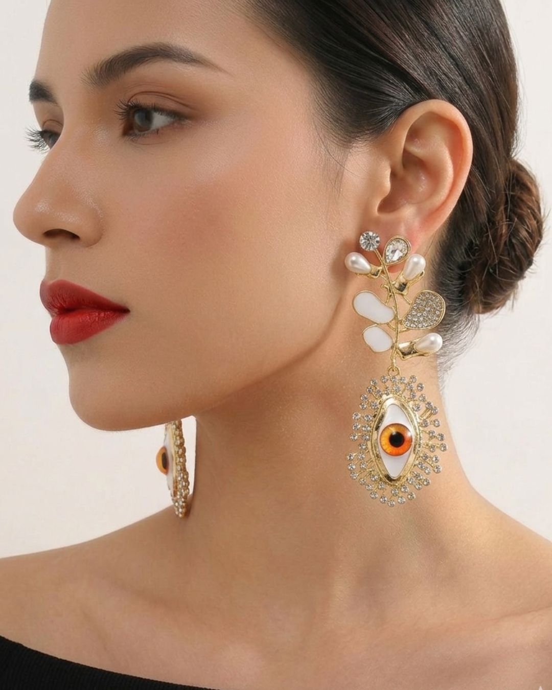 Long Leaf Evil Eye Dangle Pearl Earring