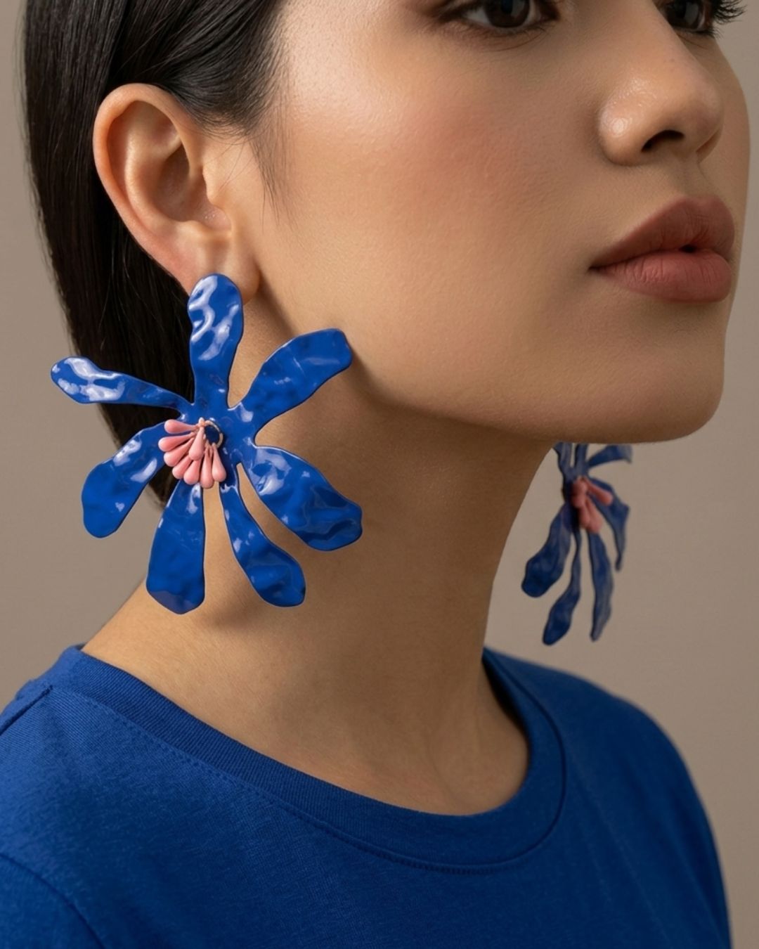 Blue Petal Beaded Flower Stud Earrings
