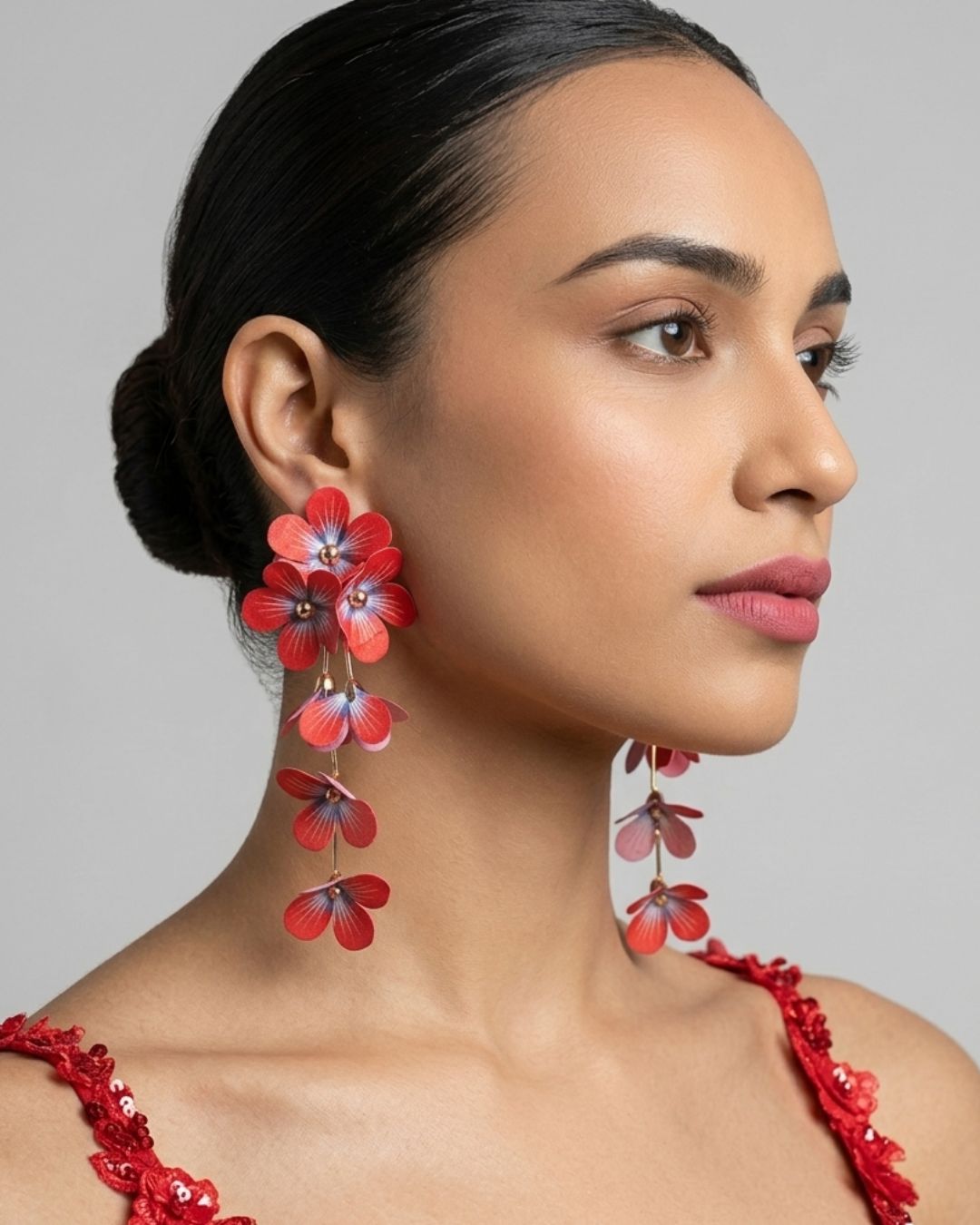 Feather-lite Red Flower Tassel Earrings