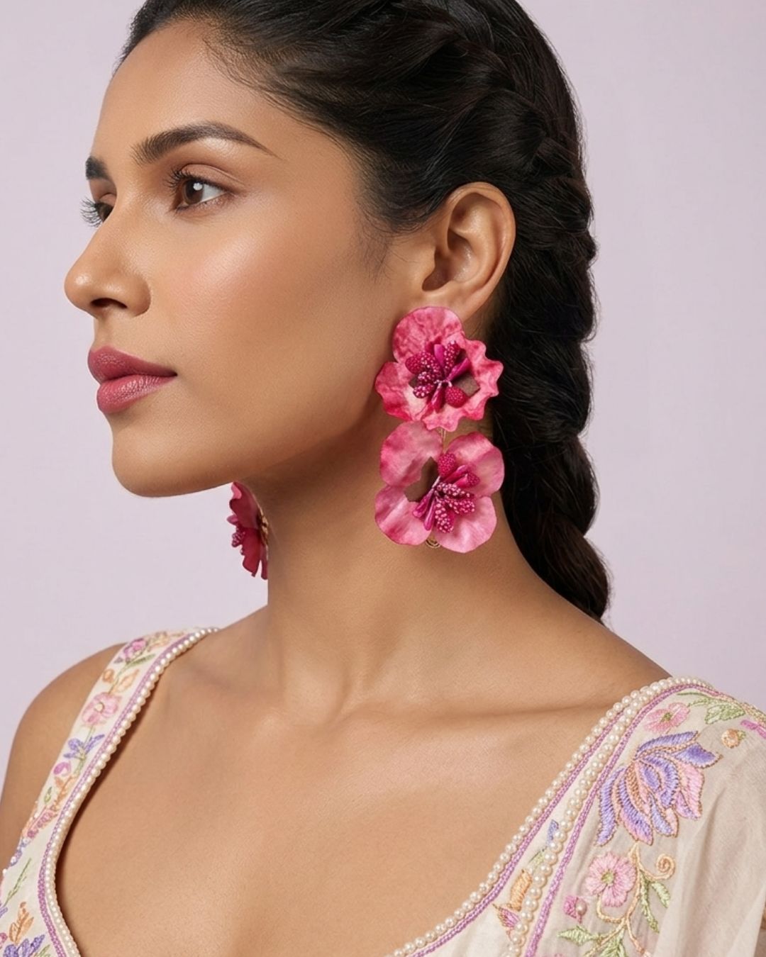 Feather-lite Pink Double layer Flower Earrings
