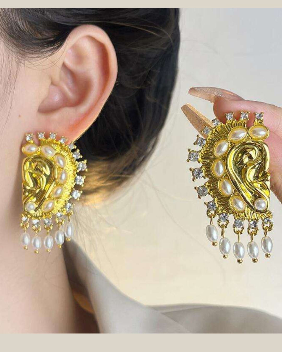 Vintage Ear Shaped Pearl Tassel Drop Earrings
