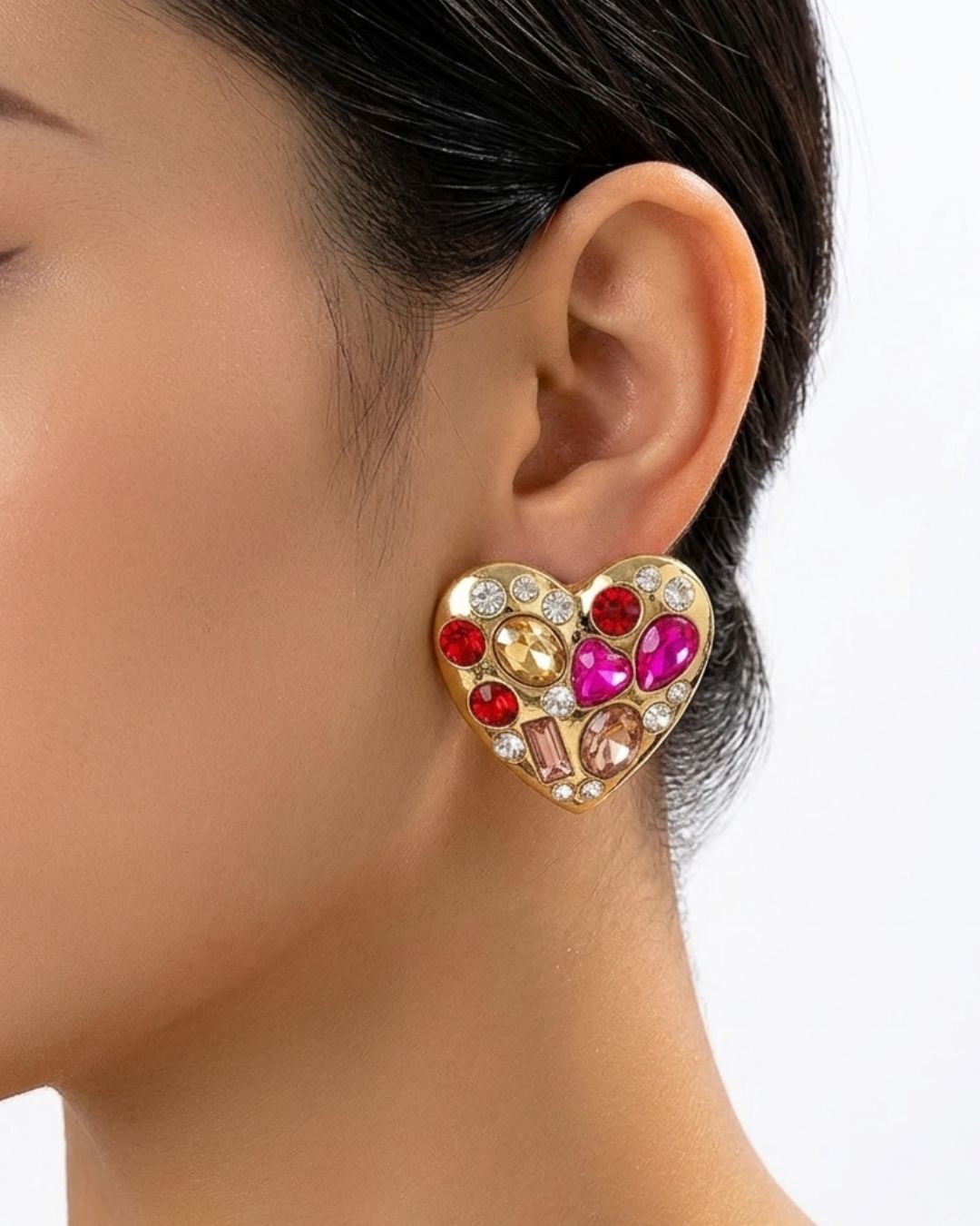 Crystal Ruby Heart Stud Earrings