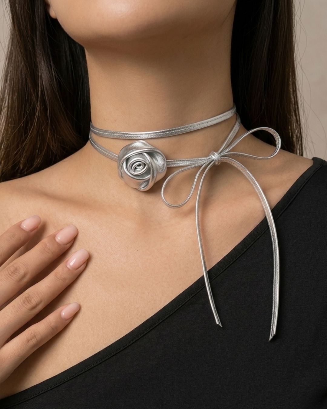 Silver Flower Long Knotted Rope Choker