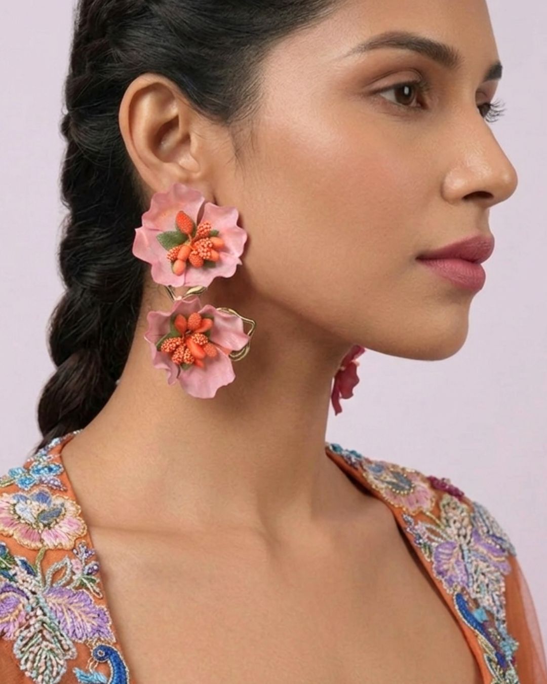 Feather-lite Peach Double layer Flower Earrings