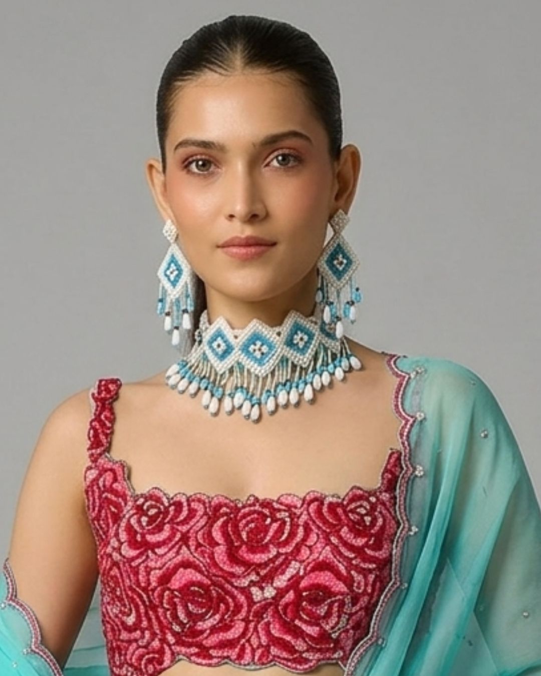 Turquoise Pearl Beaded Necklace Choker With Earrings