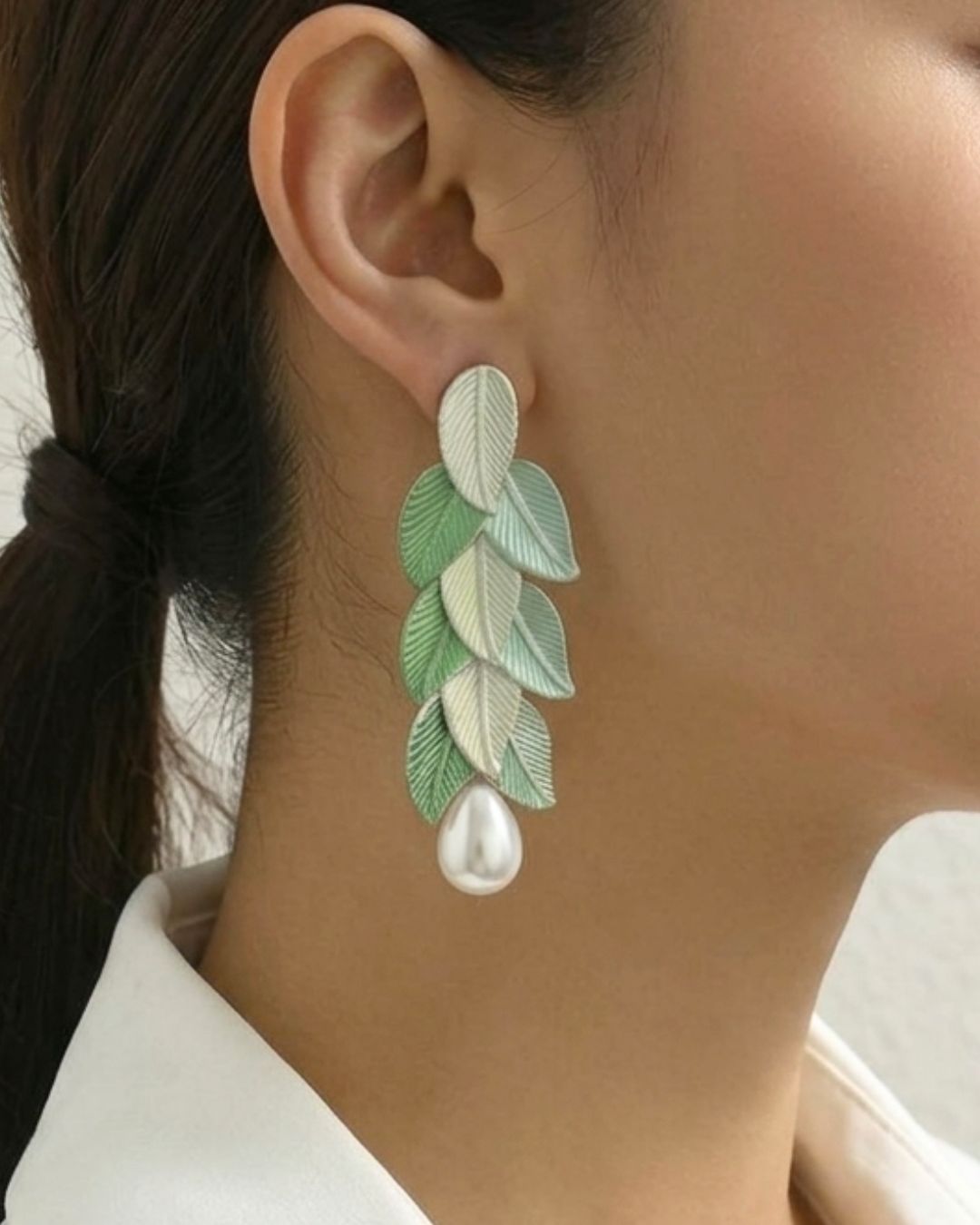 Mint Leaf Pearl Drop Earrings