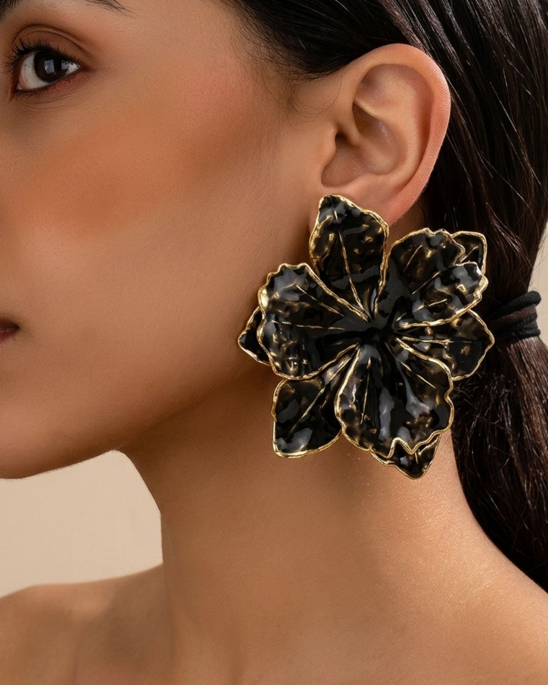 Black Petal Large Flower Stud Earrings