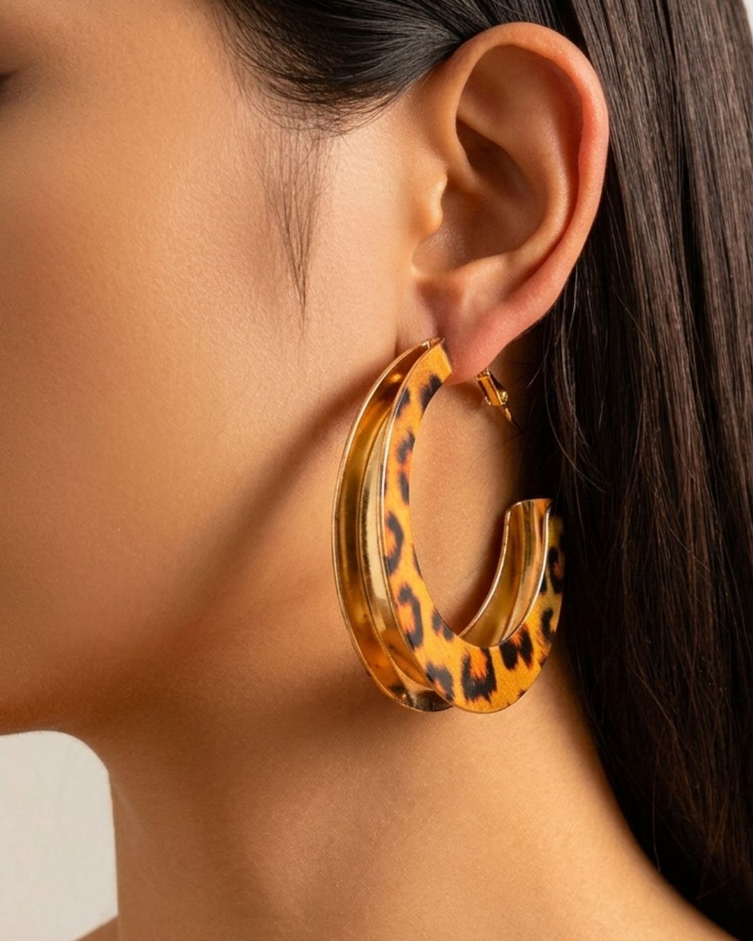 Animal Print D Shape Hoop Earrings