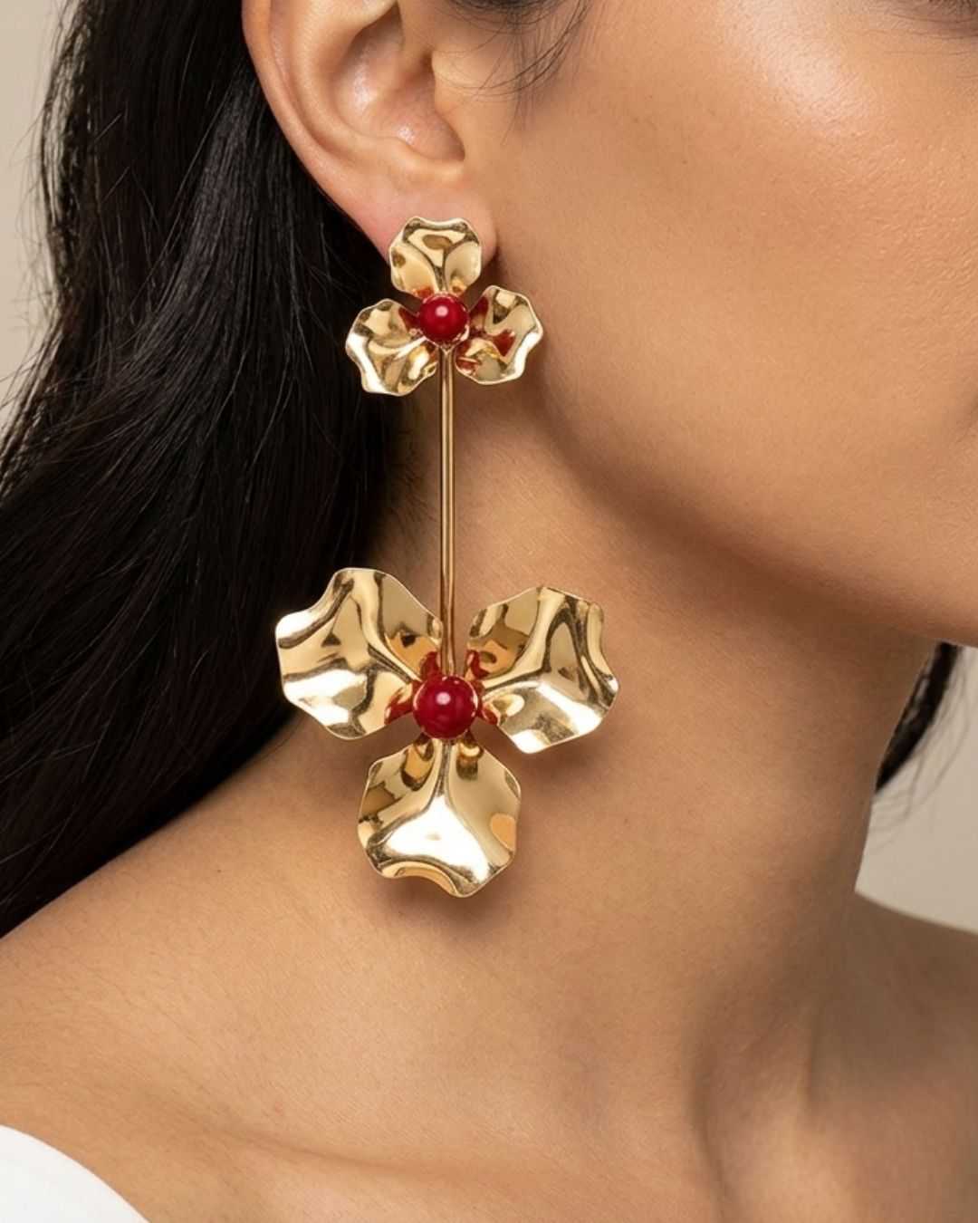 Flower Maroon Pearl Elongated Earrings