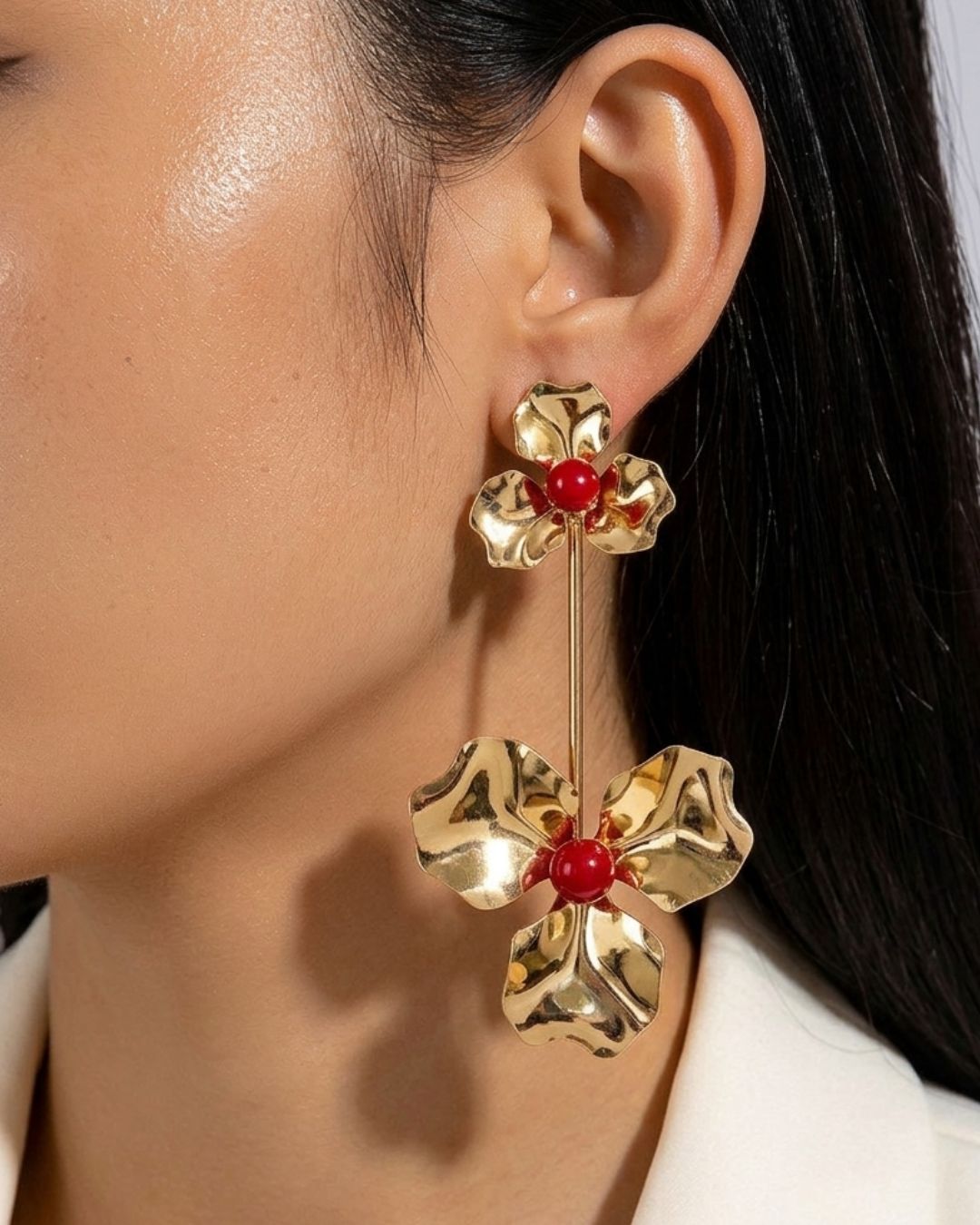 Flower Maroon Pearl Elongated Earrings