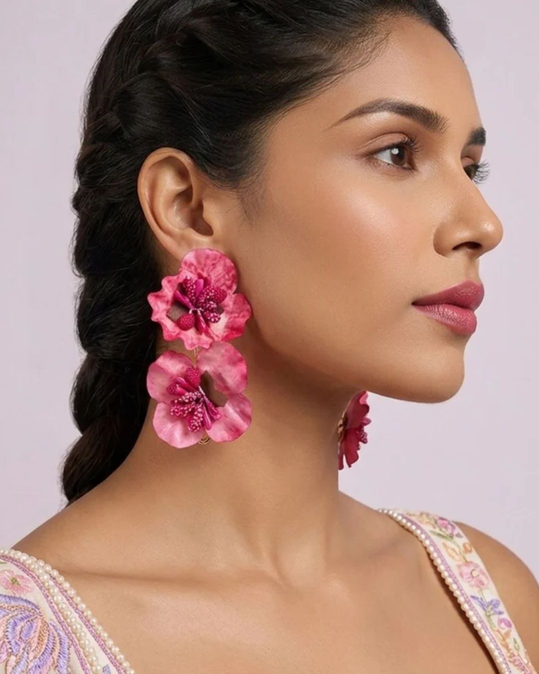 Feather-lite Pink Double layer Flower Earrings